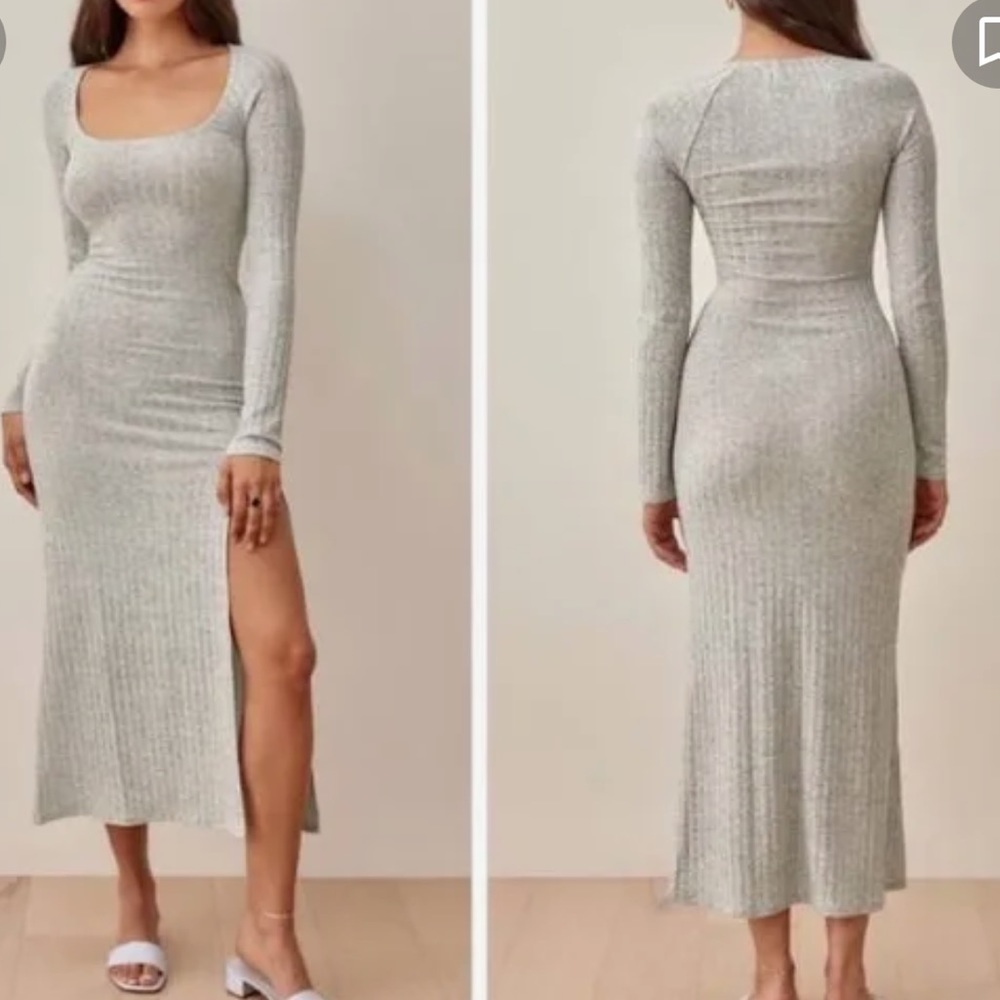 Reformation Lemon Grey Long sleeve Front Slit Round Neck Ribbed Dress  M NWT